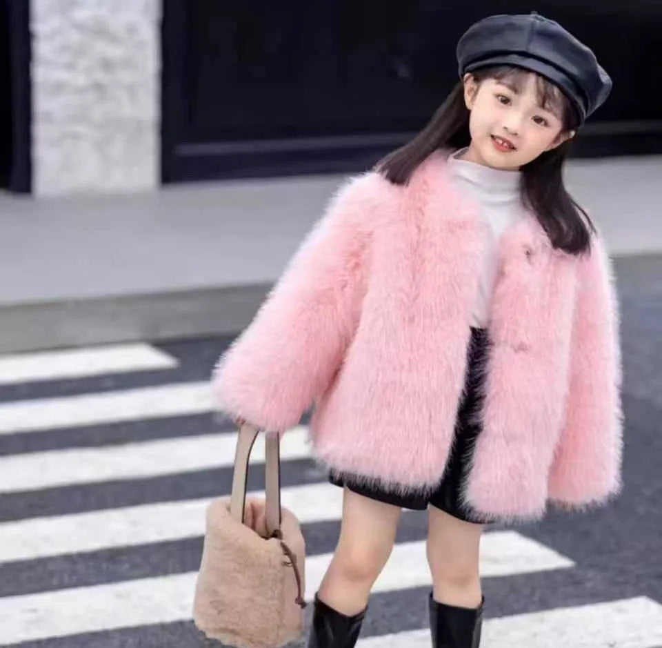 Fake Fur Girls Jacket - Thick Winter Outerwear | Solid Color Single-Breasted Coat - ZOOMNSTORE