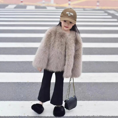 Fake Fur Girls Jacket - Thick Winter Outerwear | Solid Color Single-Breasted Coat - ZOOMNSTORE