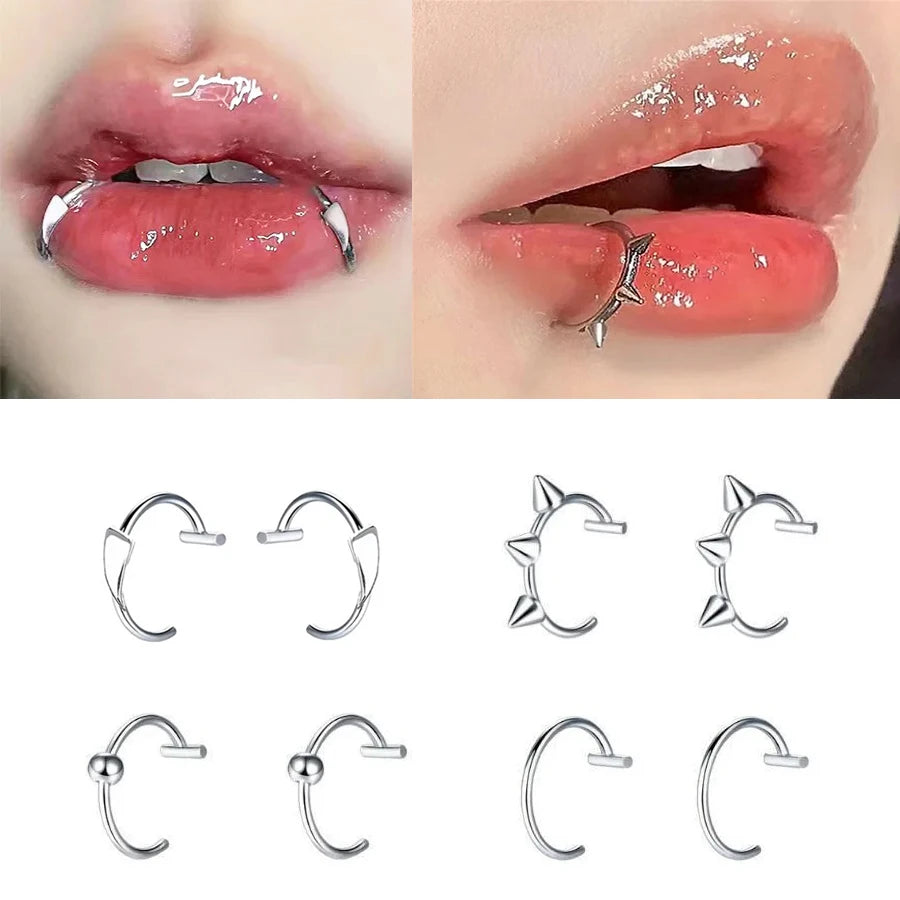 Trendy Stainless Steel Punk Clip-On Fake Piercing Nose  Lip Rings - Unisex Body Jewelry 2PCS - ZOOMNSTORE