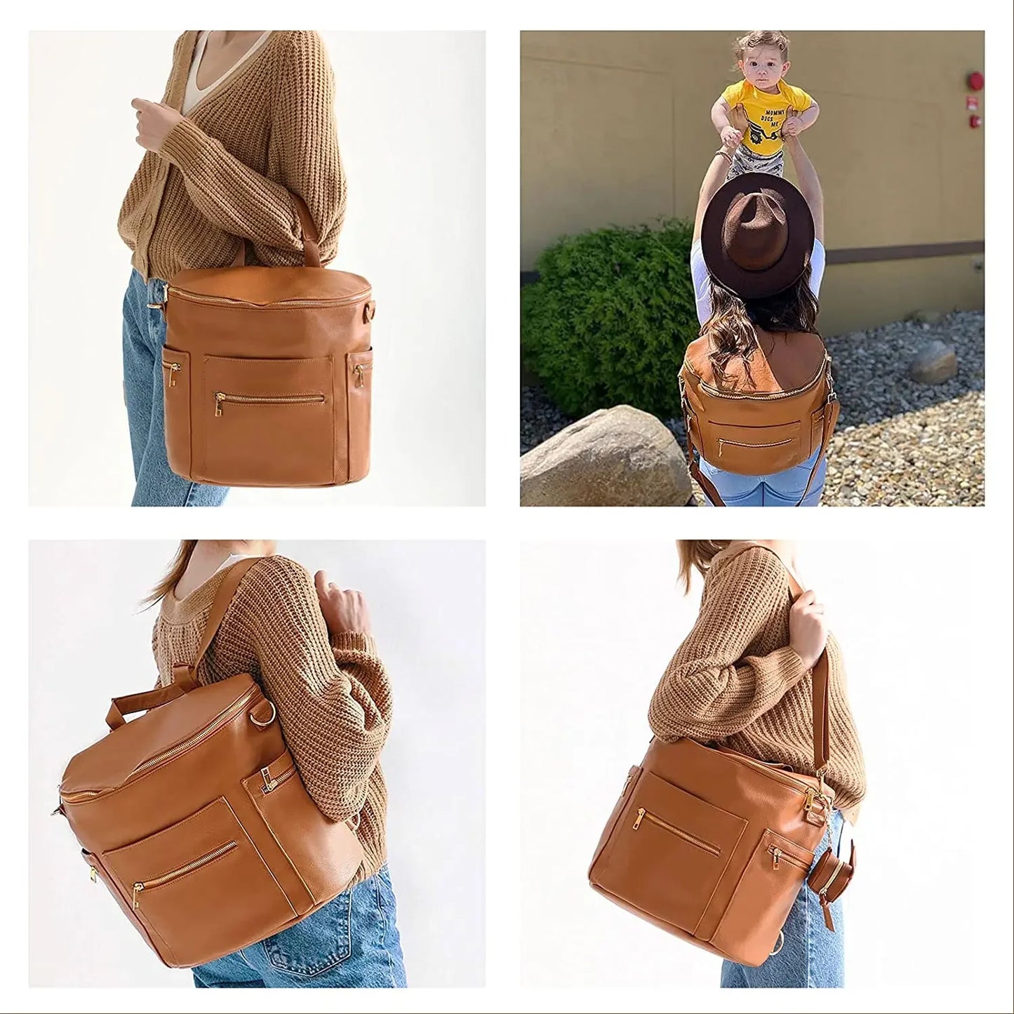 Fashion Diaper Backpack - PU Leather Mommy Bag with Changing Pad - ZOOMNSTORE