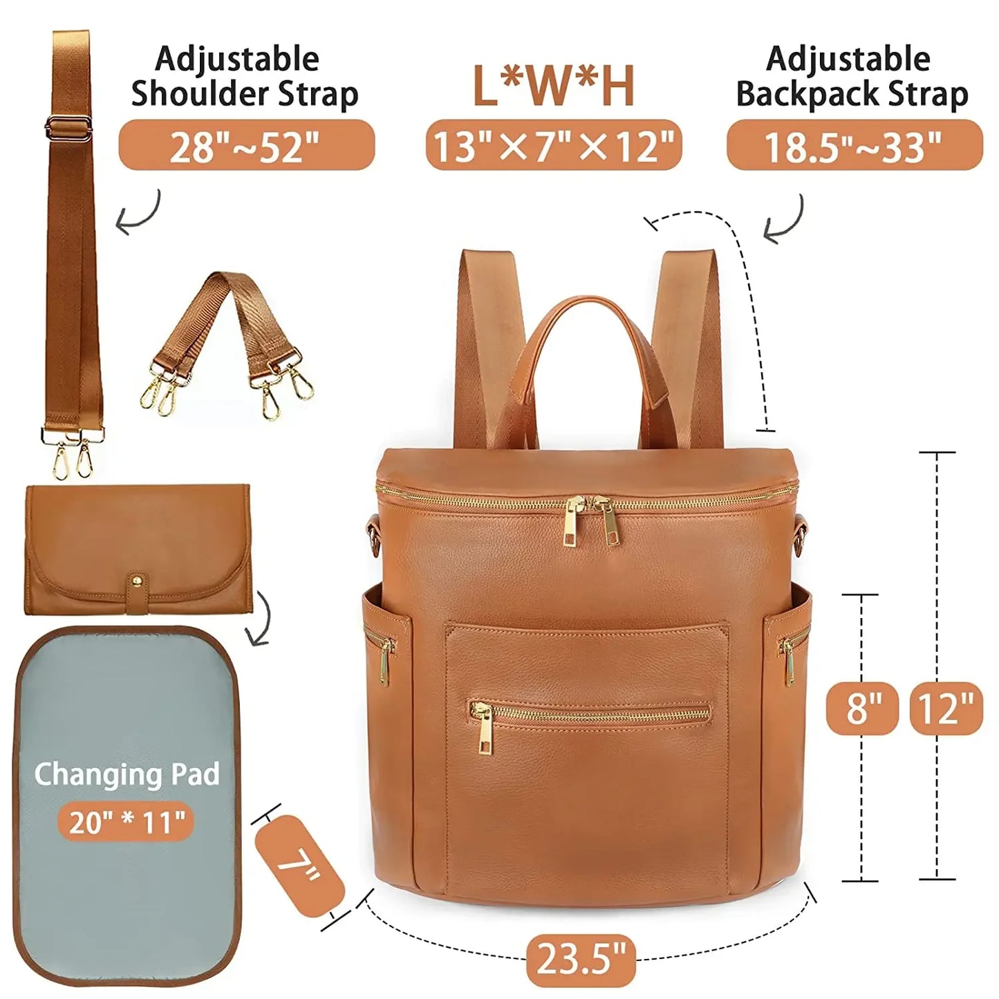 Fashion Diaper Backpack - PU Leather Mommy Bag with Changing Pad - ZOOMNSTORE