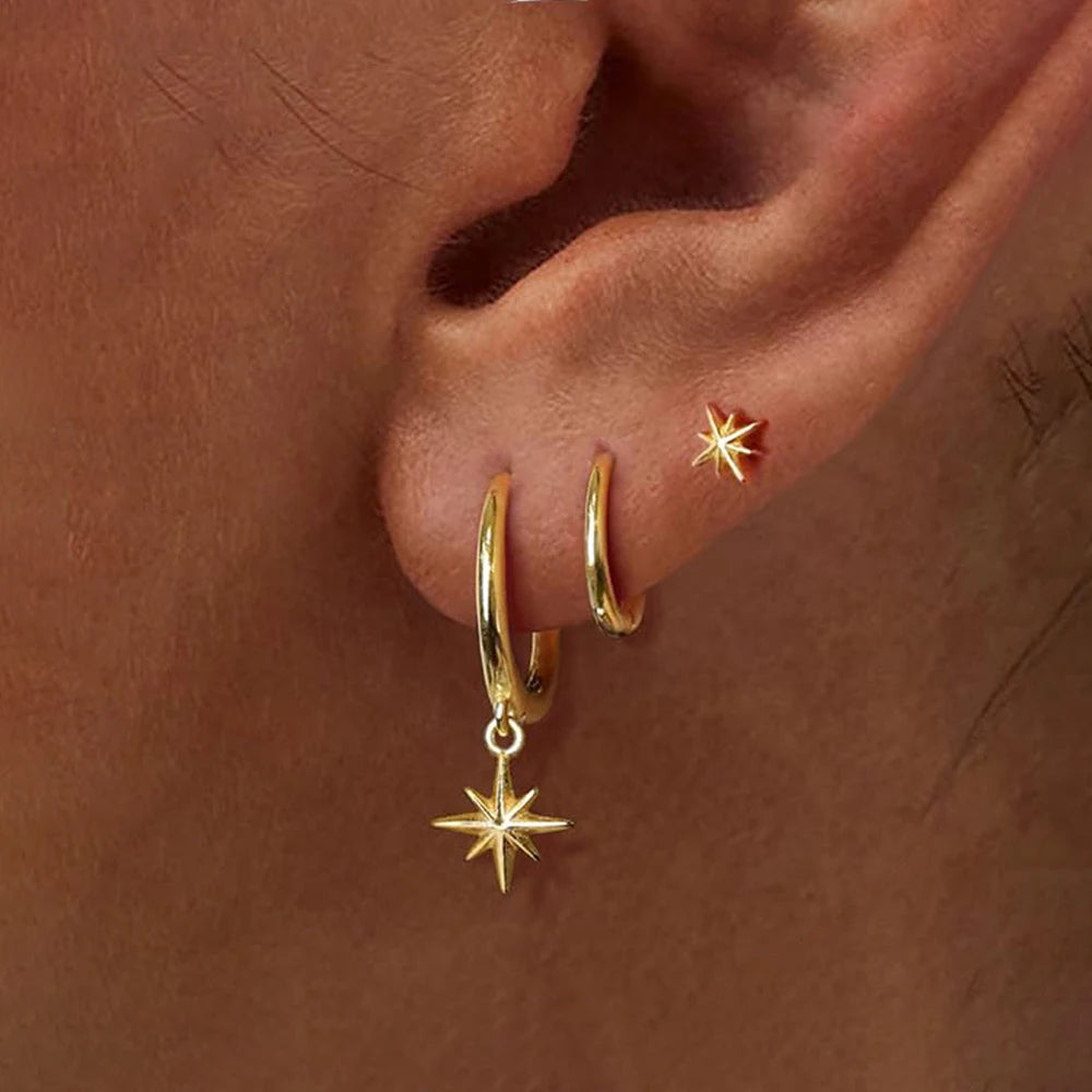 Fashion Stainless Steel Star Drop Earrings Set - 18K Gold Plated Dangle Jewelry for Women - ZOOMNSTORE