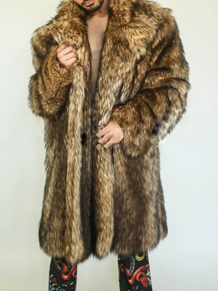 Faux Fox Fur Coat Men Thick Shaggy Parka - Warm Luxury Winter Jacket Black - ZOOMNSTORE