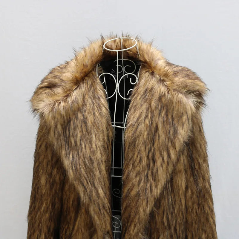 Faux Fox Fur Coat Men Thick Shaggy Parka - Warm Luxury Winter Jacket Black - ZOOMNSTORE