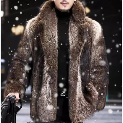 Faux Fox Fur Coat Men Thick Winter Fur Jacket - Luxury Black Maxi Parka - ZOOMNSTORE