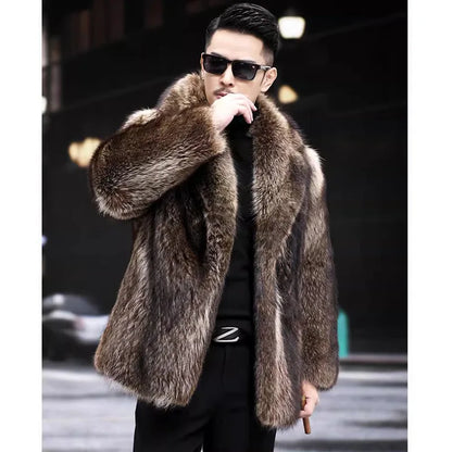Faux Fox Fur Coat Men Thick Winter Fur Jacket - Luxury Black Maxi Parka - ZOOMNSTORE