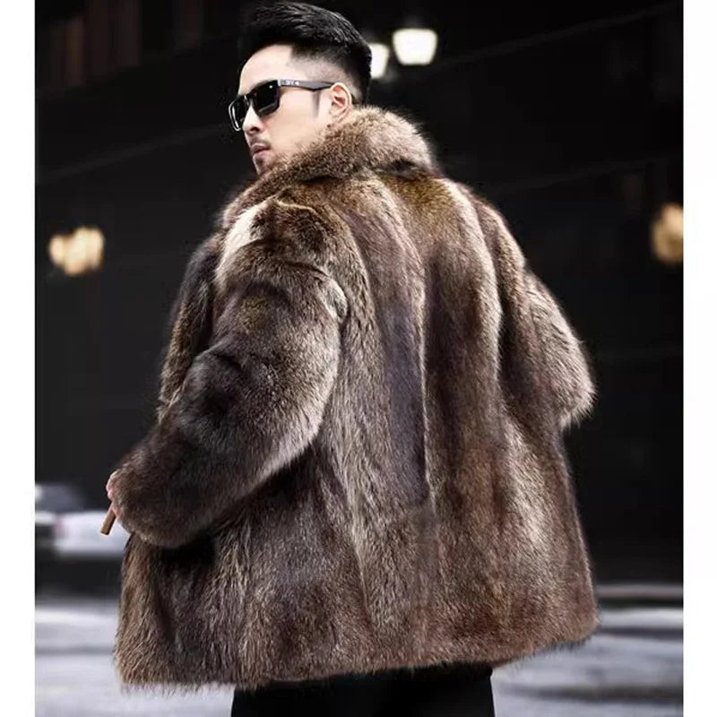 Faux Fox Fur Coat Men Thick Winter Fur Jacket - Luxury Black Maxi Parka - ZOOMNSTORE
