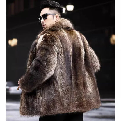 Faux Fox Fur Coat Men Thick Winter Fur Jacket - Luxury Black Maxi Parka - ZOOMNSTORE