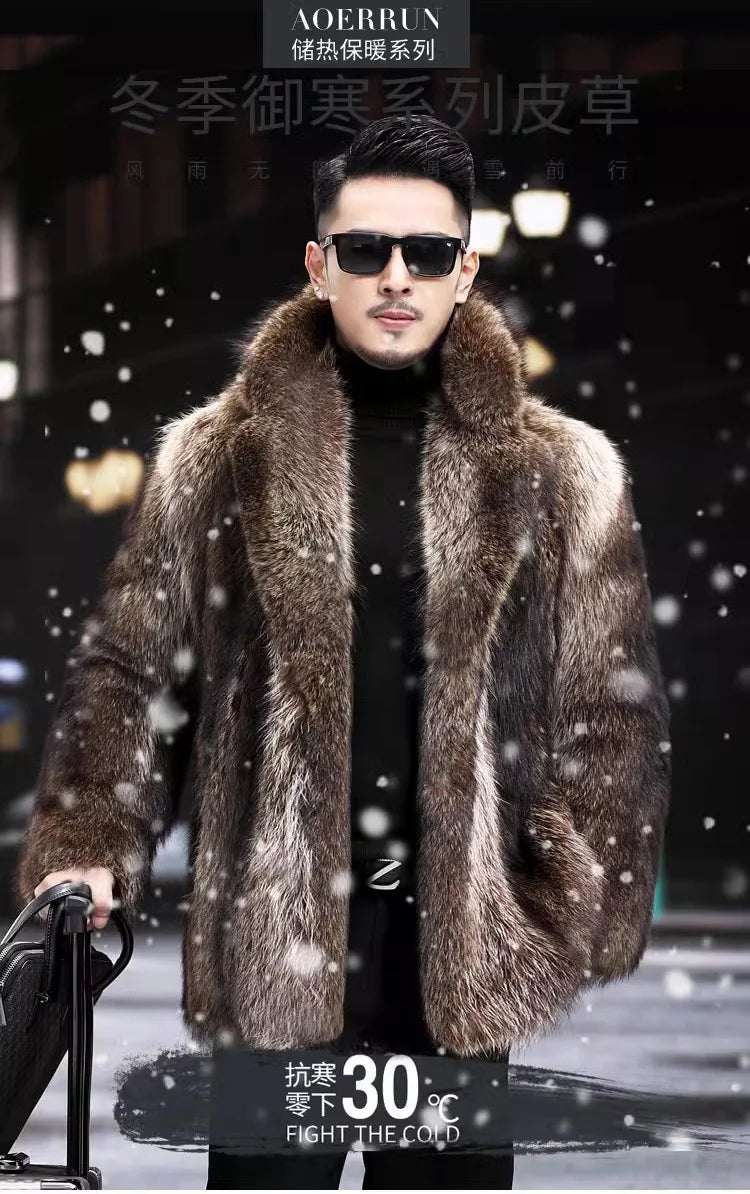 Faux Fox Fur Coat Men Thick Winter Fur Jacket - Luxury Black Maxi Parka - ZOOMNSTORE