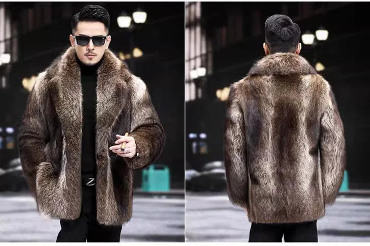Faux Fox Fur Coat Men Thick Winter Fur Jacket - Luxury Black Maxi Parka - ZOOMNSTORE
