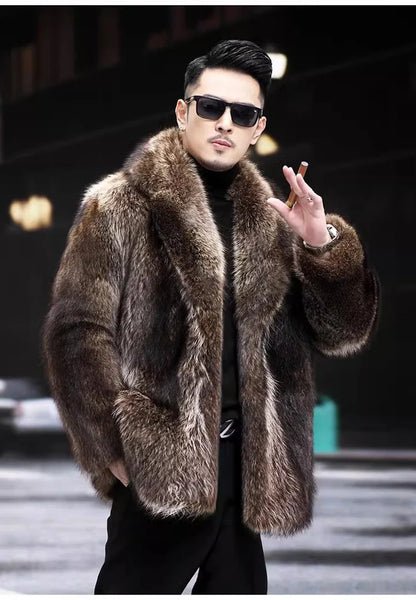 Faux Fox Fur Coat Men Thick Winter Fur Jacket - Luxury Black Maxi Parka - ZOOMNSTORE