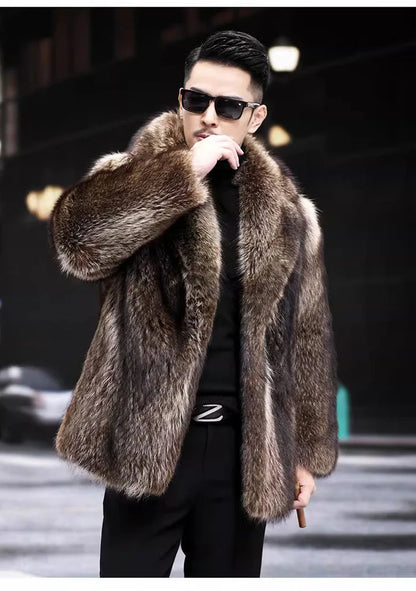 Faux Fox Fur Coat Men Thick Winter Fur Jacket - Luxury Black Maxi Parka - ZOOMNSTORE