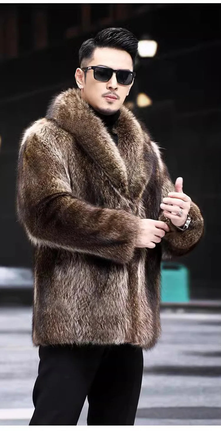 Faux Fox Fur Coat Men Thick Winter Fur Jacket - Luxury Black Maxi Parka - ZOOMNSTORE