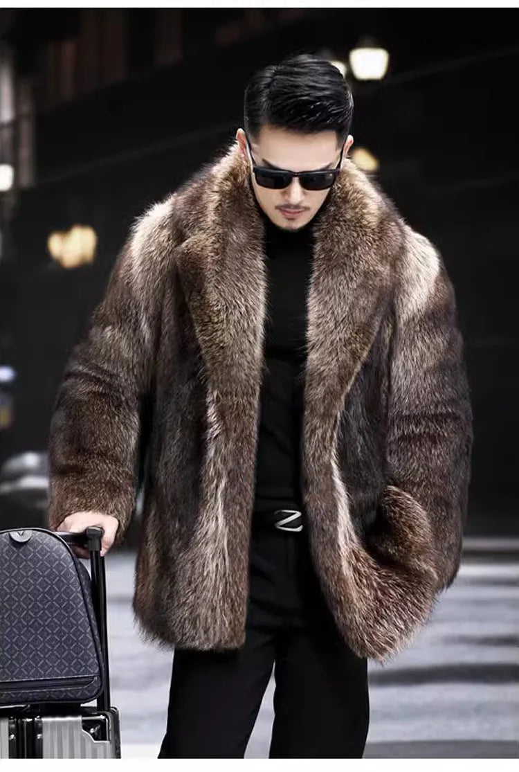 Faux Fox Fur Coat Men Thick Winter Fur Jacket - Luxury Black Maxi Parka - ZOOMNSTORE