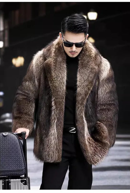 Faux Fox Fur Coat Men Thick Winter Fur Jacket - Luxury Black Maxi Parka - ZOOMNSTORE