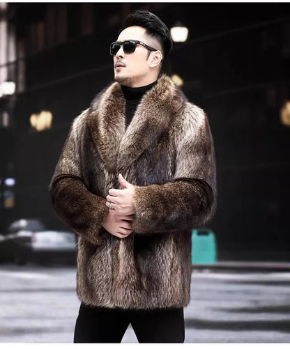 Faux Fox Fur Coat Men Thick Winter Fur Jacket - Luxury Black Maxi Parka - ZOOMNSTORE