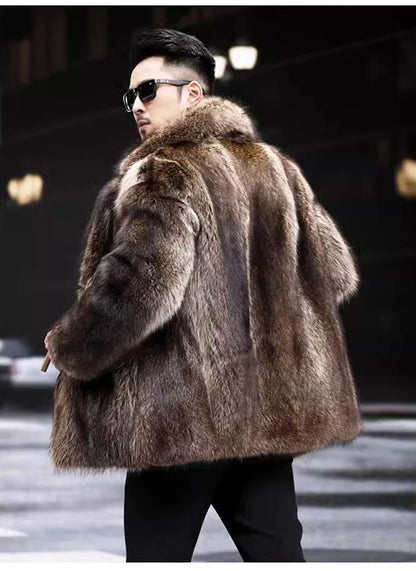Faux Fox Fur Coat Men Thick Winter Fur Jacket - Luxury Black Maxi Parka - ZOOMNSTORE