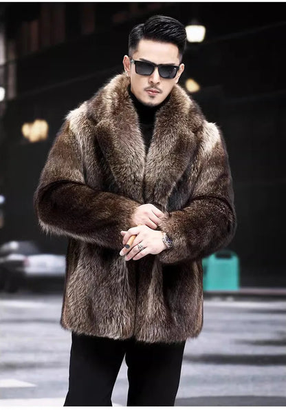 Faux Fox Fur Coat Men Thick Winter Fur Jacket - Luxury Black Maxi Parka - ZOOMNSTORE