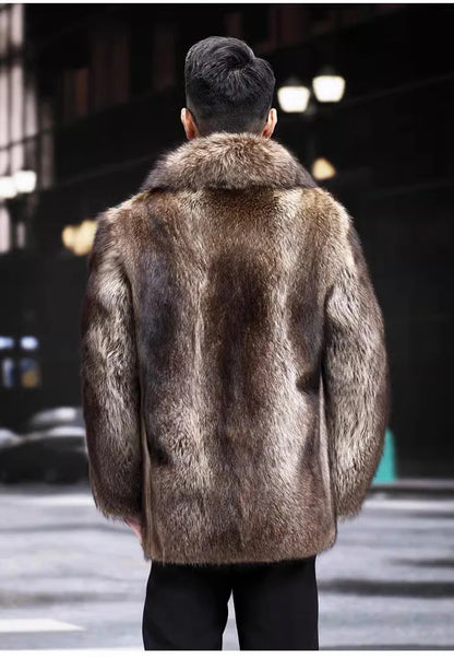 Faux Fox Fur Coat Men Thick Winter Fur Jacket - Luxury Black Maxi Parka - ZOOMNSTORE