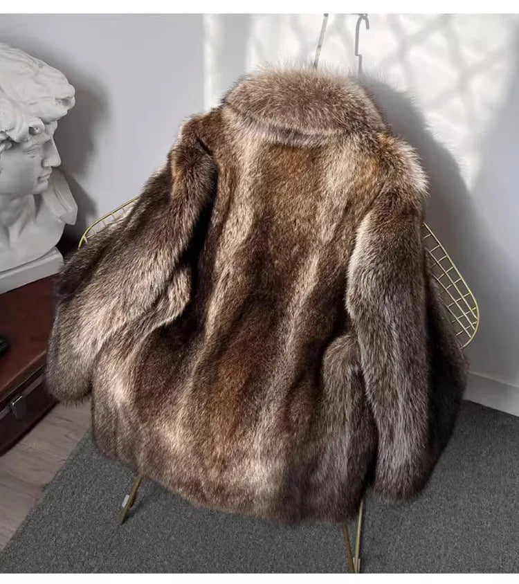 Faux Fox Fur Coat Men Thick Winter Fur Jacket - Luxury Black Maxi Parka - ZOOMNSTORE