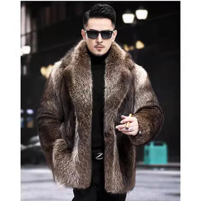 Faux Fox Fur Coat Men Thick Winter Fur Jacket - Luxury Black Maxi Parka - ZOOMNSTORE