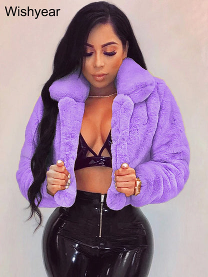 Faux Fur Crop Jacket - Women's Winter Jacket With Open Stitch Lapel & Turn-Down Collar - ZOOMNSTORE