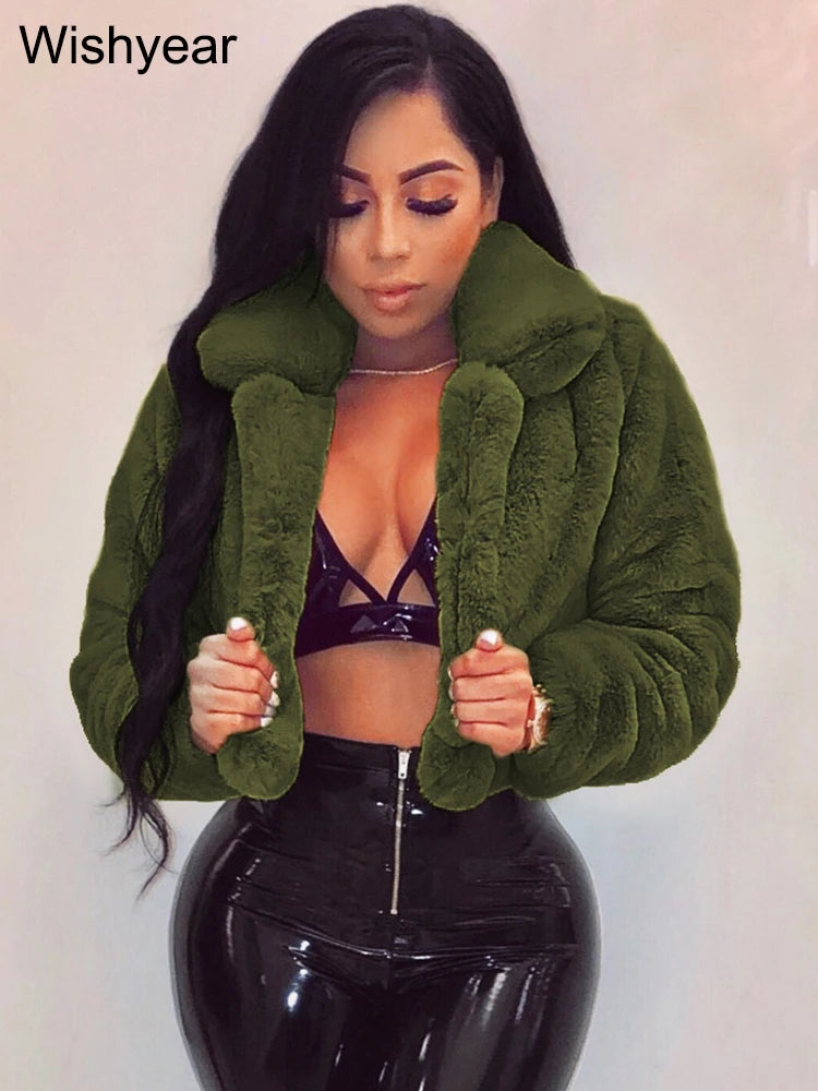 Faux Fur Crop Jacket - Women's Winter Jacket With Open Stitch Lapel & Turn-Down Collar - ZOOMNSTORE