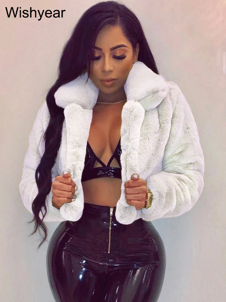 Faux Fur Crop Jacket - Women's Winter Jacket With Open Stitch Lapel & Turn-Down Collar - ZOOMNSTORE