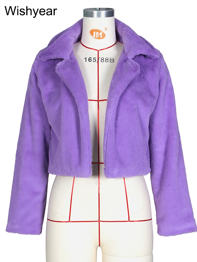 Faux Fur Crop Jacket - Women's Winter Jacket With Open Stitch Lapel & Turn-Down Collar - ZOOMNSTORE