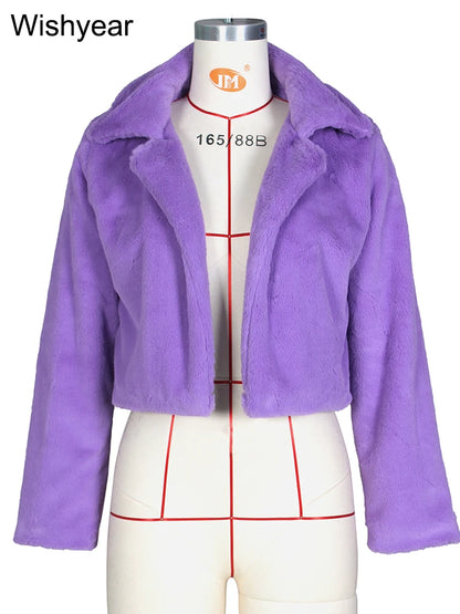 Faux Fur Crop Jacket - Women's Winter Jacket With Open Stitch Lapel & Turn-Down Collar - ZOOMNSTORE