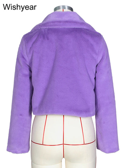 Faux Fur Crop Jacket - Women's Winter Jacket With Open Stitch Lapel & Turn-Down Collar - ZOOMNSTORE