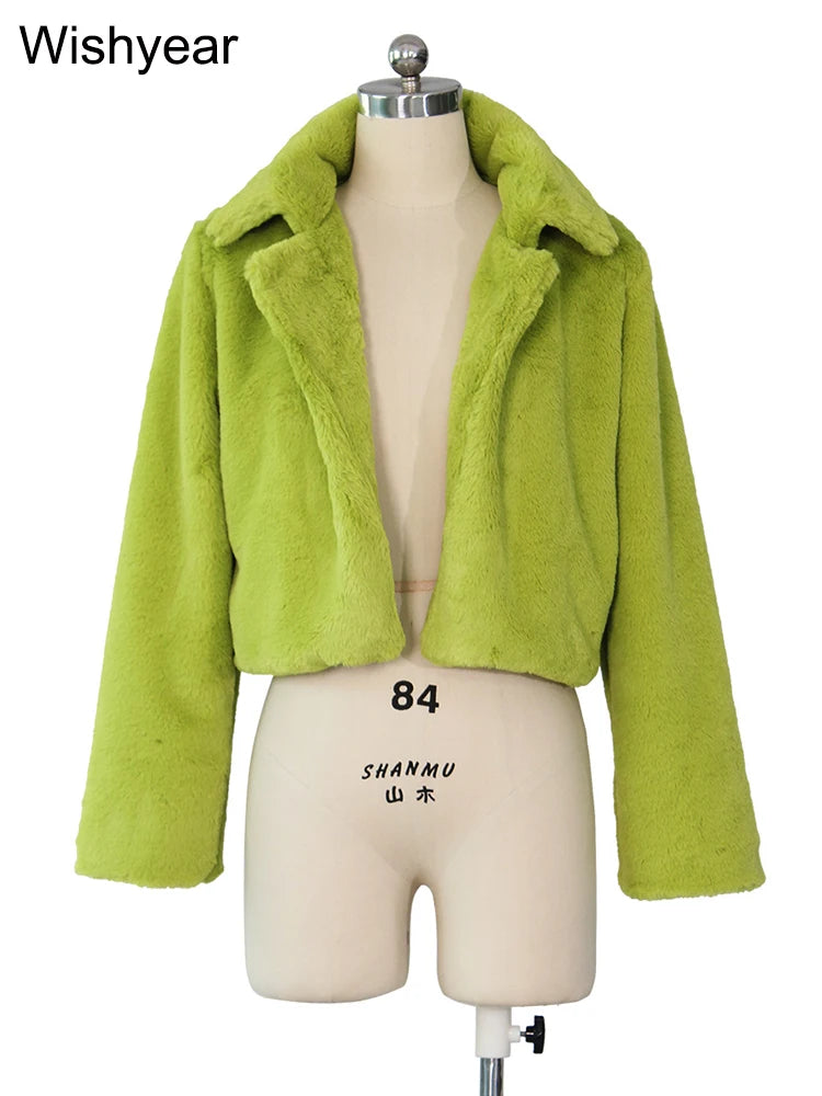Faux Fur Crop Jacket - Women's Winter Jacket With Open Stitch Lapel & Turn-Down Collar - ZOOMNSTORE