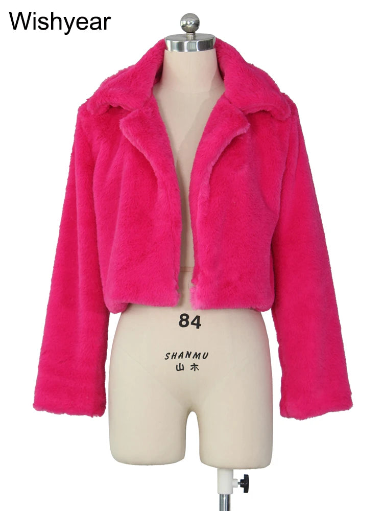 Faux Fur Crop Jacket - Women's Winter Jacket With Open Stitch Lapel & Turn-Down Collar - ZOOMNSTORE