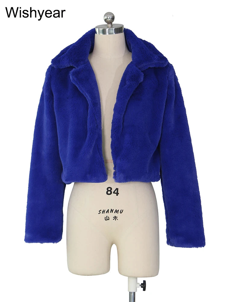 Faux Fur Crop Jacket - Women's Winter Jacket With Open Stitch Lapel & Turn-Down Collar - ZOOMNSTORE