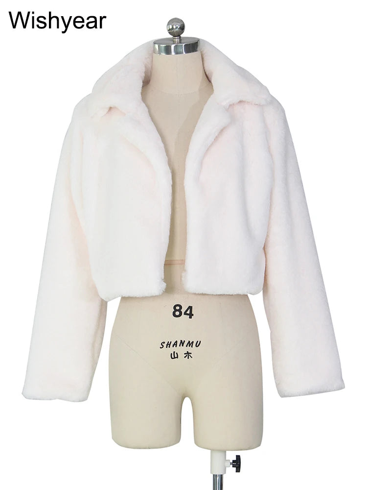 Faux Fur Crop Jacket - Women's Winter Jacket With Open Stitch Lapel & Turn-Down Collar - ZOOMNSTORE