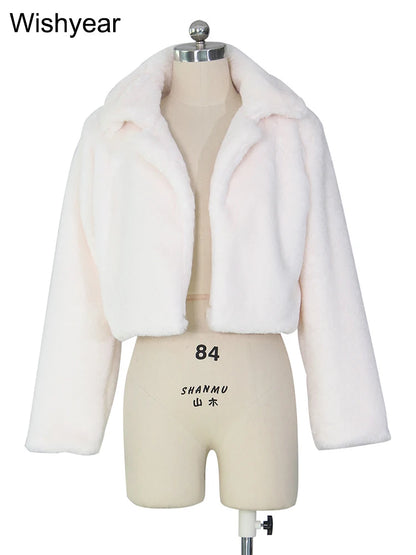 Faux Fur Crop Jacket - Women's Winter Jacket With Open Stitch Lapel & Turn-Down Collar - ZOOMNSTORE