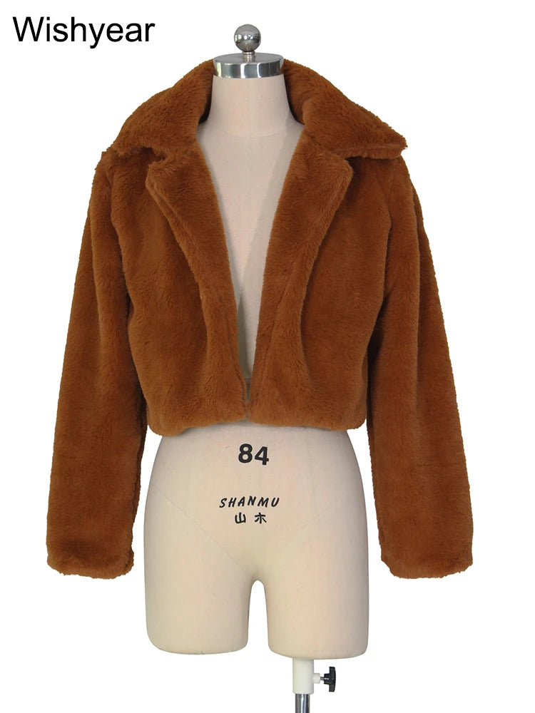 Faux Fur Crop Jacket - Women's Winter Jacket With Open Stitch Lapel & Turn-Down Collar - ZOOMNSTORE