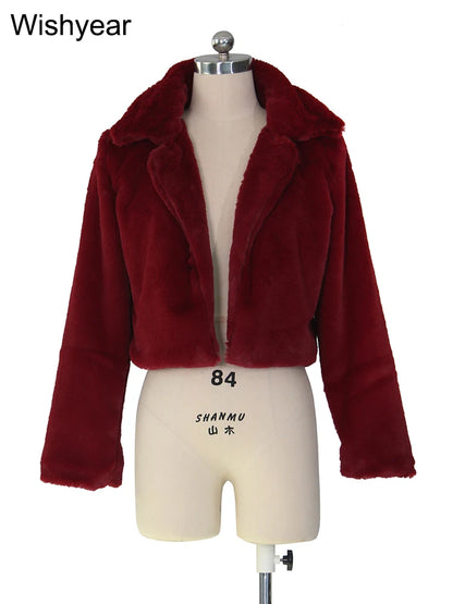 Faux Fur Crop Jacket - Women's Winter Jacket With Open Stitch Lapel & Turn-Down Collar - ZOOMNSTORE