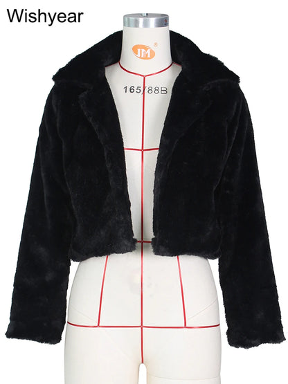 Faux Fur Crop Jacket - Women's Winter Jacket With Open Stitch Lapel & Turn-Down Collar - ZOOMNSTORE