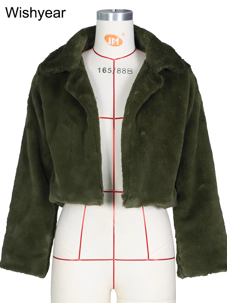 Faux Fur Crop Jacket - Women's Winter Jacket With Open Stitch Lapel & Turn-Down Collar - ZOOMNSTORE