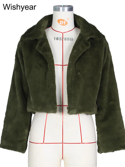 Faux Fur Crop Jacket - Women's Winter Jacket With Open Stitch Lapel & Turn-Down Collar - ZOOMNSTORE
