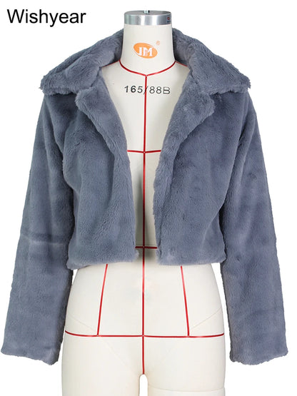 Faux Fur Crop Jacket - Women's Winter Jacket With Open Stitch Lapel & Turn-Down Collar - ZOOMNSTORE