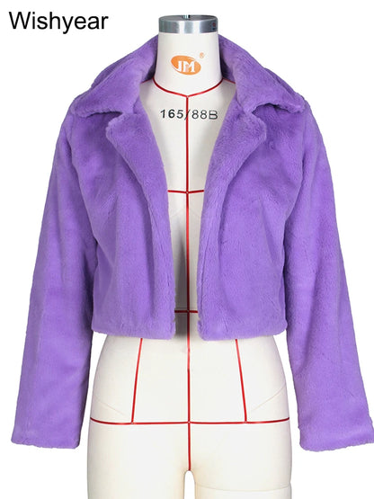 Faux Fur Crop Jacket - Women's Winter Jacket With Open Stitch Lapel & Turn-Down Collar - ZOOMNSTORE
