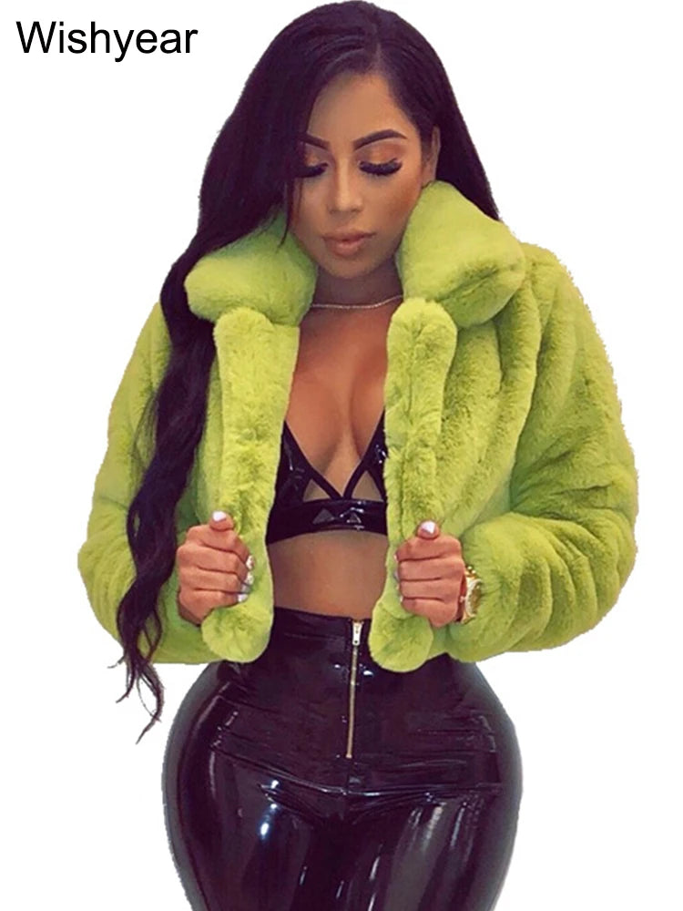 Faux Fur Crop Jacket - Women's Winter Jacket With Open Stitch Lapel & Turn-Down Collar - ZOOMNSTORE
