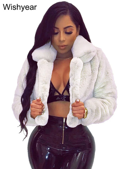 Faux Fur Crop Jacket - Women's Winter Jacket With Open Stitch Lapel & Turn-Down Collar - ZOOMNSTORE