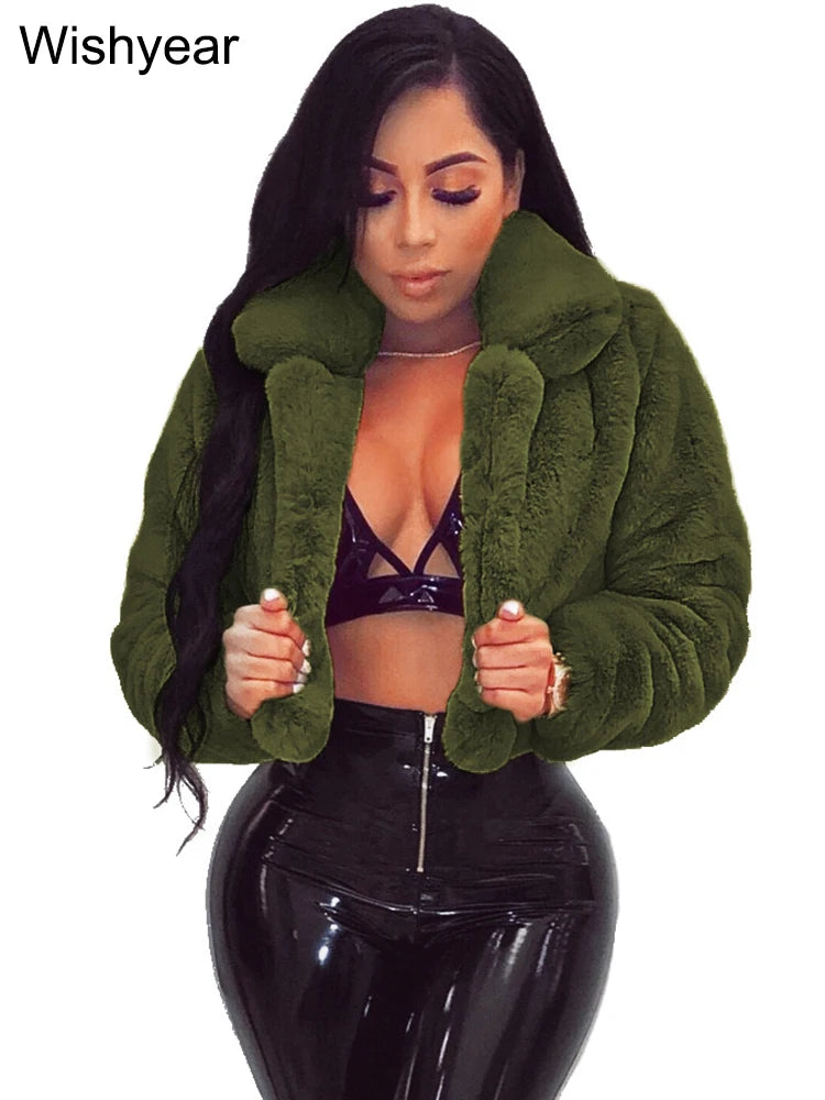 Faux Fur Crop Jacket - Women's Winter Jacket With Open Stitch Lapel & Turn-Down Collar - ZOOMNSTORE