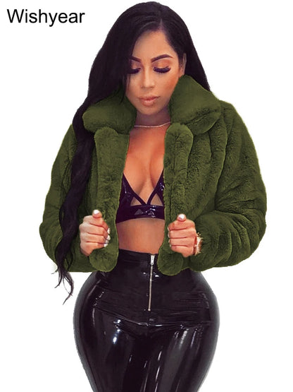 Faux Fur Crop Jacket - Women's Winter Jacket With Open Stitch Lapel & Turn-Down Collar - ZOOMNSTORE