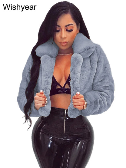 Faux Fur Crop Jacket - Women's Winter Jacket With Open Stitch Lapel & Turn-Down Collar - ZOOMNSTORE