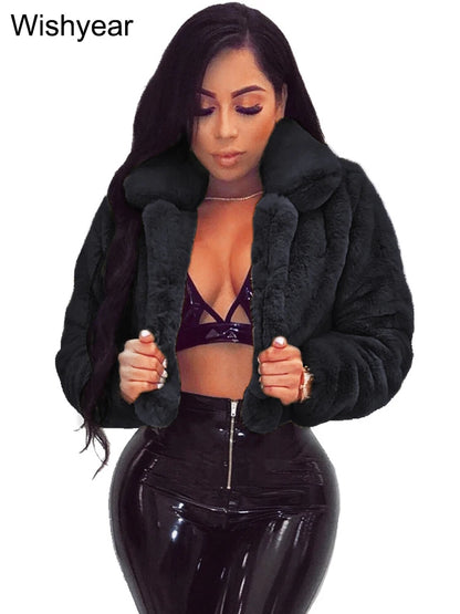 Faux Fur Crop Jacket - Women's Winter Jacket With Open Stitch Lapel & Turn-Down Collar - ZOOMNSTORE