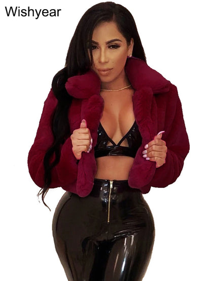 Faux Fur Crop Jacket - Women's Winter Jacket With Open Stitch Lapel & Turn-Down Collar - ZOOMNSTORE